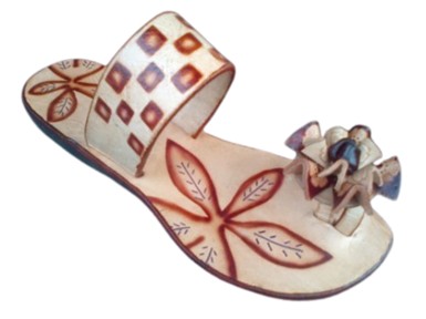 Cream Leather Checkerboard Slide with Hand-Painted Floral & Beaded Accent