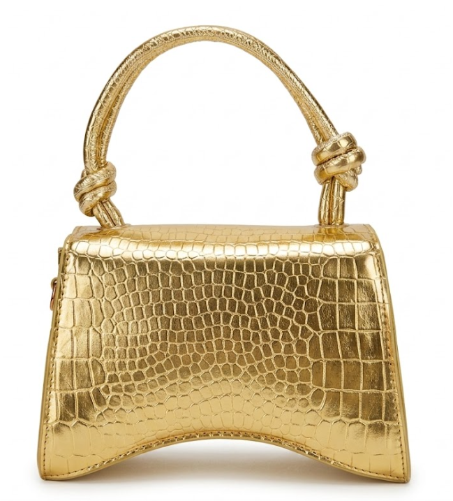 Stunning Gold Metallic Croc-Embossed Mini Top Handle Bag with Knot Detail