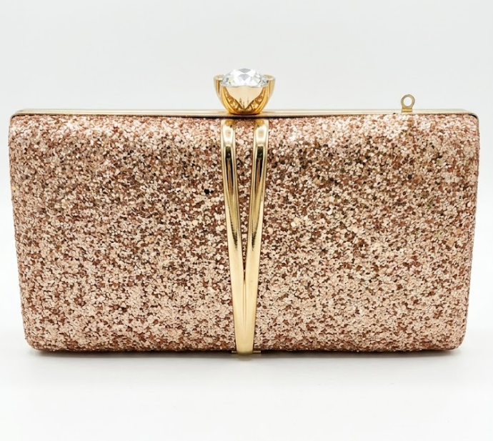 Rose Gold Glitter Evening Clutch Purse – Crystal Rhinestone Top Clasp Handbag