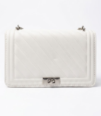 White Diagonally Quilted Crossbody Flap Bag – Silver Clasp & Frame Detail
