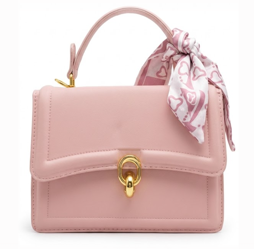 Blush Pink Top Handle Flap Bag with Heart Print Scarf & Gold Hardware