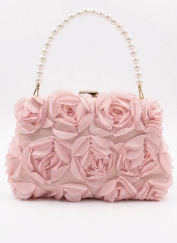 Pink Floral Rosette Evening Clutch Bag with Pearl Beaded Handle
