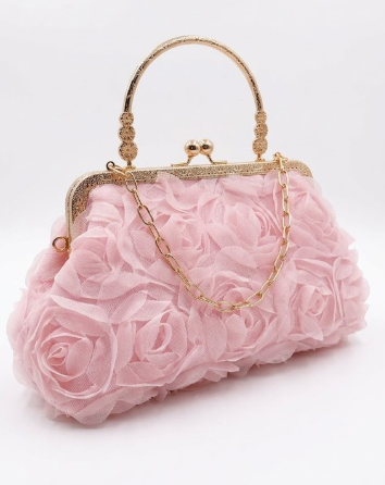 Vintage Style Pink Rosette Clutch Bag with Gold Handle – Romantic Evening Handbag