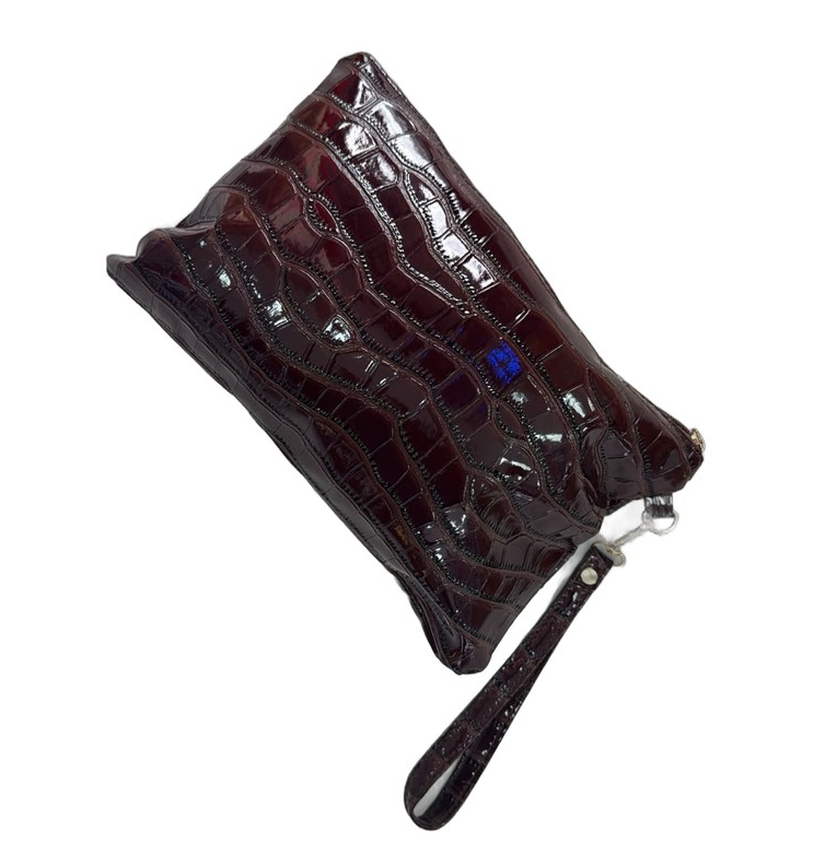 Deep Burgundy Patent Croc Embossed Wristlet Clutch – Patent Leather Pouch Bag