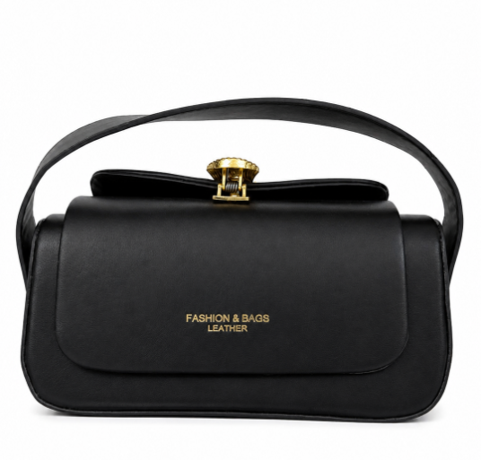 Elegant Black Leather Top Handle Shoulder Bag with Gold Clasp