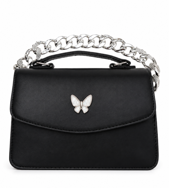 Elegant Black Butterfly Accent Shoulder Handbag with Silver Chain Handle