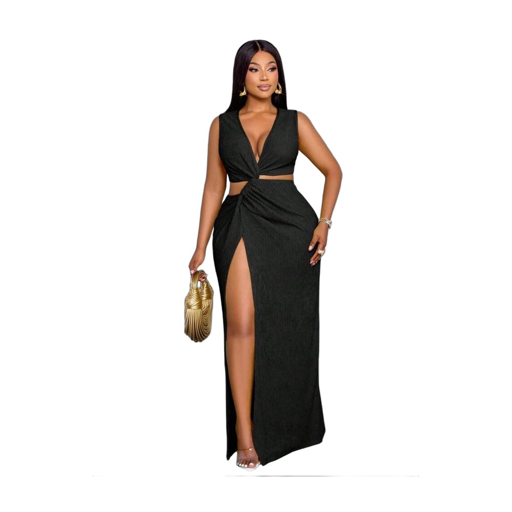 Waist Hollow Twist High Slit Maxi Dress