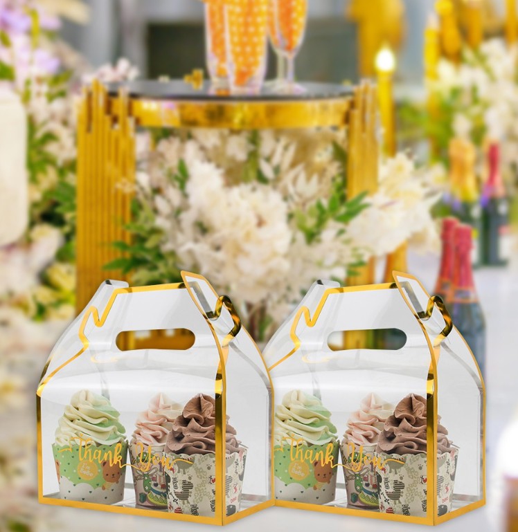 Clear PVC Gift and Treat Packaging Boxes with Gold Trim and Handle