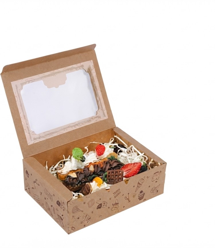 Kraft Brown Bakery Box with Transparent Window & Accessories 7"*4.5" *2"