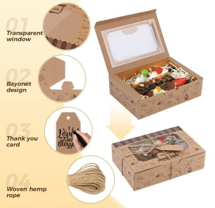 Kraft Brown Bakery Box with Transparent Window & Accessories 7"*4.5" *2"