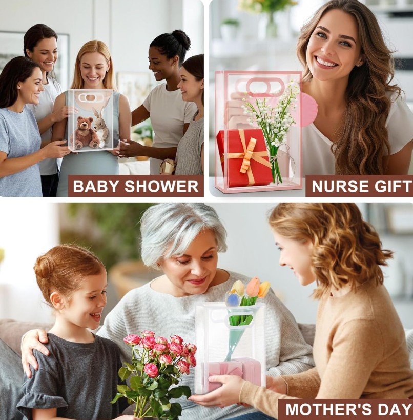 Clear Plastic Gift Packaging Bags with Handles - Flower Bouquets 7" * 3" * 10" in