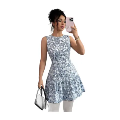 Elenzga French Floral Print Sleeveless Ruched Waist Mini Dress