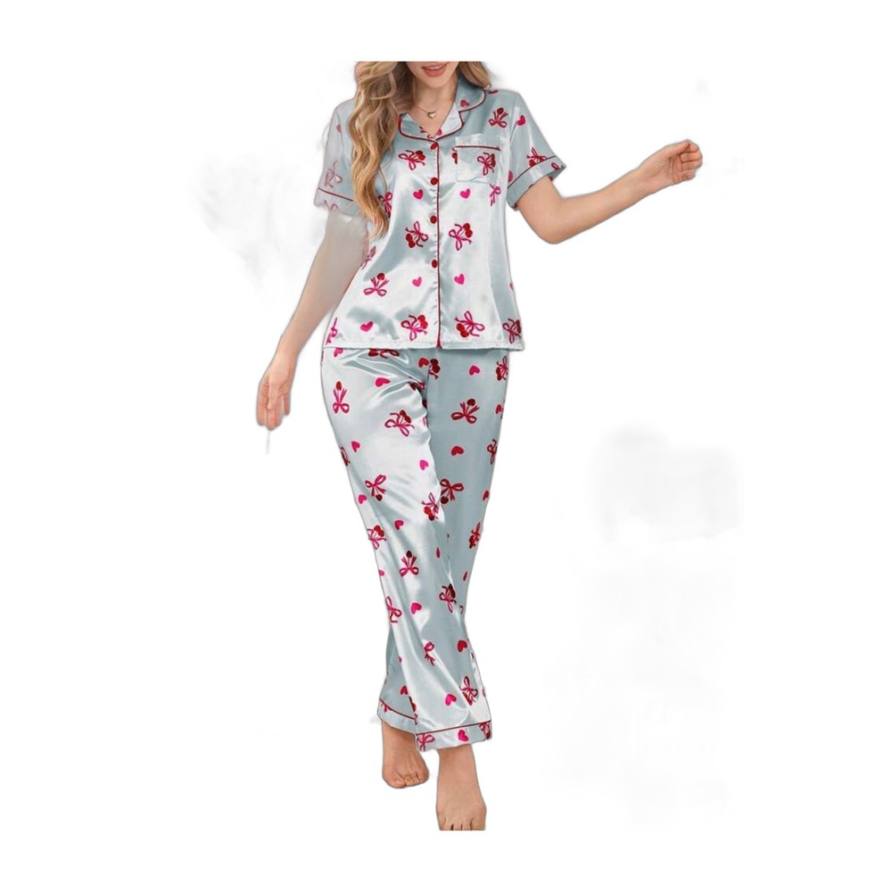 WDIRARA Women's Satin Bowknot & Cherry Print 2-Piece Pajama Set -L