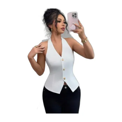 Elenzga Solid Color Halter Backless Sleeveless Elegant Minimalist Blouse
