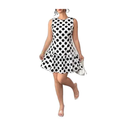 Elenzga Summer Fashion Polka Dot Print Sleeveless Ruffle Hem Dress- L