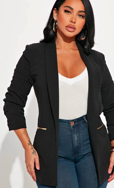 Chic Women's Black Open-Front Blazer with Gold Zipper Pockets & Ruched Sleeves