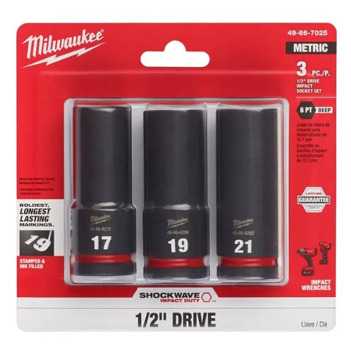 Milwaukee 3-Piece 1/2-Inch Drive Metric 6-Point Deep Impact Socket Set (49-66-7025)