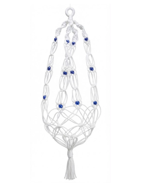 Handmade White Macramé Hanging Flower Basket with Metallic Accent Beads
