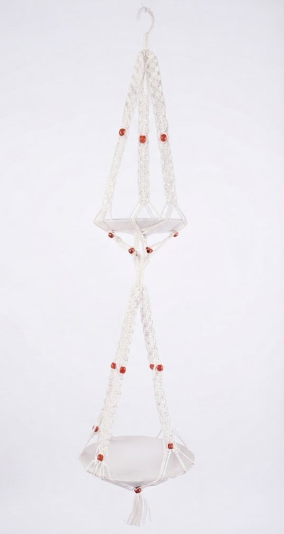 Handmade White Macramé Two-Tier Hanging Flower Basket with Silver Accent Beads