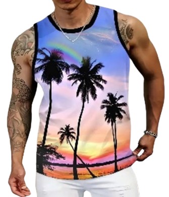 Mens's Summer Tank top - with Vibrant Palm sunset Prints (S)