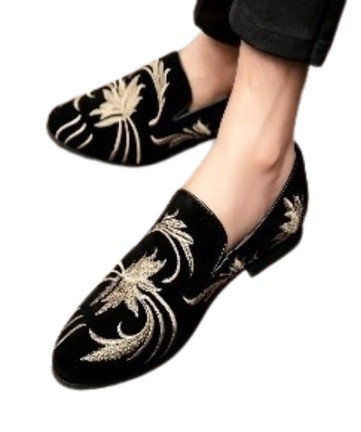 Men'S Pointed Toe Loafers - Elegant Black with Golden Floral Pattern, Comfortable Faux Cover Dress Shoes for Business Casual, Nightclubs & Partie