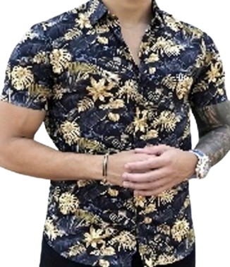 Men's Tropical Floral Pattern Print Lapel Shirt With Short Sleeve And Button Down Plack (M)