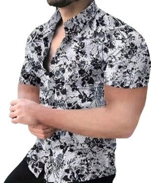 Summer Resort Hawaiian Style Short Sleeve Lapel Shirt - Black and White Floral Print,  - Black & White (L)
