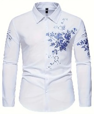 Stylish Rose Print Men's Long Sleeve Button Up Shirt, Spring Fall Men's Elegant Blouse