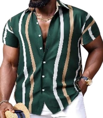 Men's Stripe Graphic Print Shirt, Casual Lapel Button Up Short Sleeve Shirt For Summer Outdoor Activities