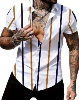 Men's Striped Summer Short Sleeve Shirt, Casual Polyester (PET) Fabric, Regular Fit, Non-Stretch, Random Print, Outdoor Leisure, Button-Down Collar, for Adults, Spring/Autumn Season, Woven (S)
