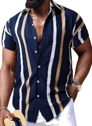 Men's Stripe Graphic Print Shirt, Casual Lapel Button Up Short Sleeve Shirt For Summer Outdoor Activities (S)