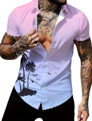 Coconut tree pattern gradient print men's short-sleeved button-down collar shirt summer vacation Hawaiian style (L)