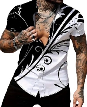 Summer Fashion Short Sleeve Button-Down Shirt - Casual Button-Down Shirts for Men (L)