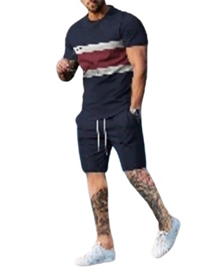 Men's Summer Stripe Fashion 2-piece Set - Comfortable Cotton Blend T-Shirt & Drawstring Shorts for Stylish Outdoor Adventures - Color Navy Blue/ Black