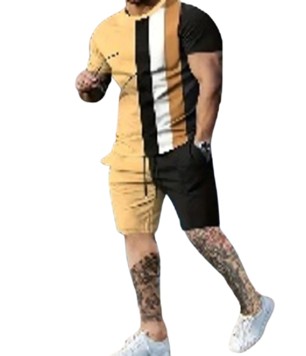 Men's Outfit, Color Block Striped Casual Crew Neck Short Sleeve T-Shirt & Shorts 2-piece Set For Summer Outdoor Activities - Black and Mustard