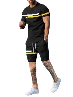 Men's Summer Stripe Fashion 2-piece Set - Comfortable Cotton Blend T-Shirt & Drawstring Shorts for Stylish Outdoor Adventures -  Yellow/ Black