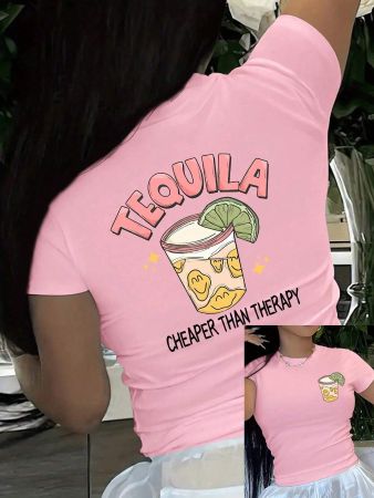 Women’s Pink Graphic Crop Top – “Tequila Cheaper Than Therapy” (Size S)