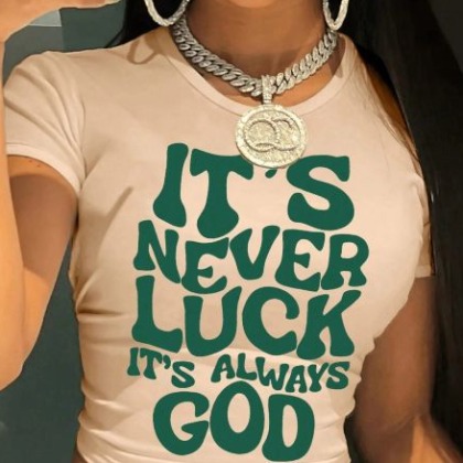 Women’s Beige Graphic Crop Top – “It’s Never Luck, It’s Always God” (Size S)