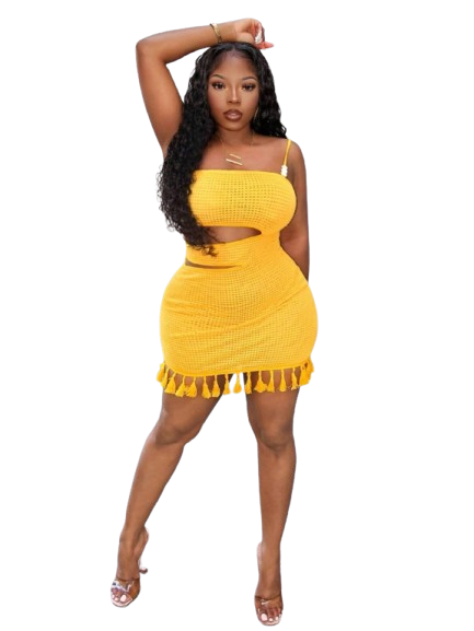 Women’s Yellow Cut-Out Tassel Mini Dress (Size XS)