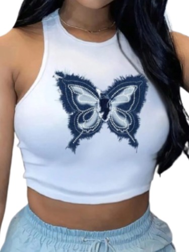 Women’s White Butterfly Print Crop Top