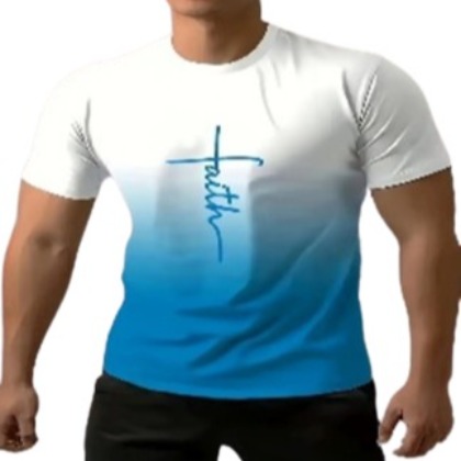 Summer Fashion Graffiti Crew Neck T-Shirt - Vibrant Gradient Color, Short Sleeve,  - SKY Blue