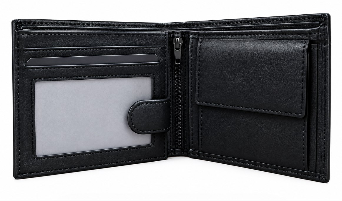 Black Leather Bifold Wallet with Card Slots and ID Window