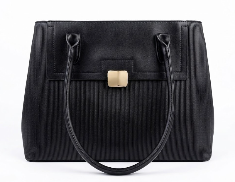 Elegant Black Textured Tote Bag with Gold Clasp Accent
