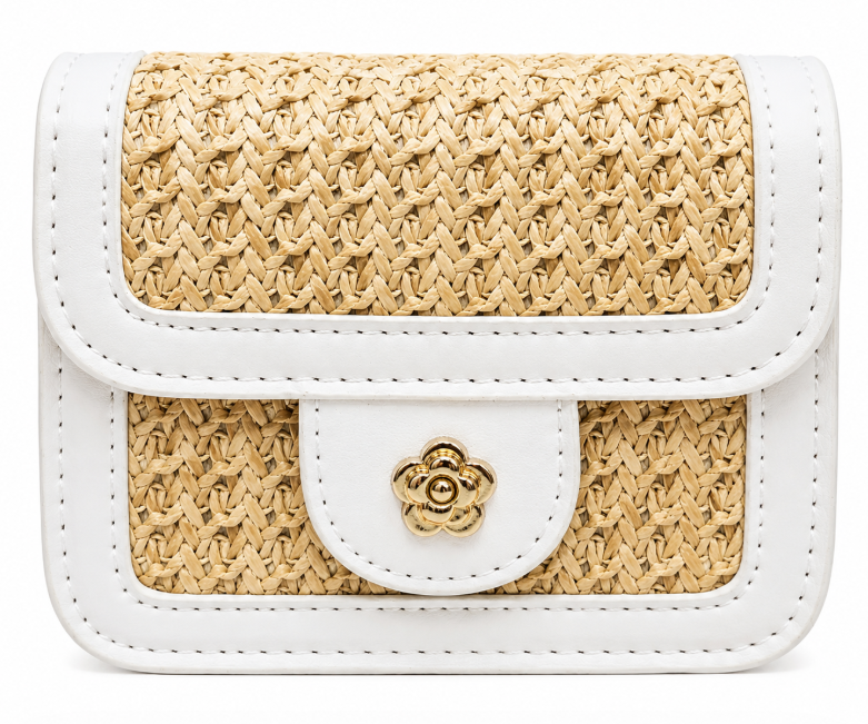 Woven Straw Mini Handbag with White Trim
