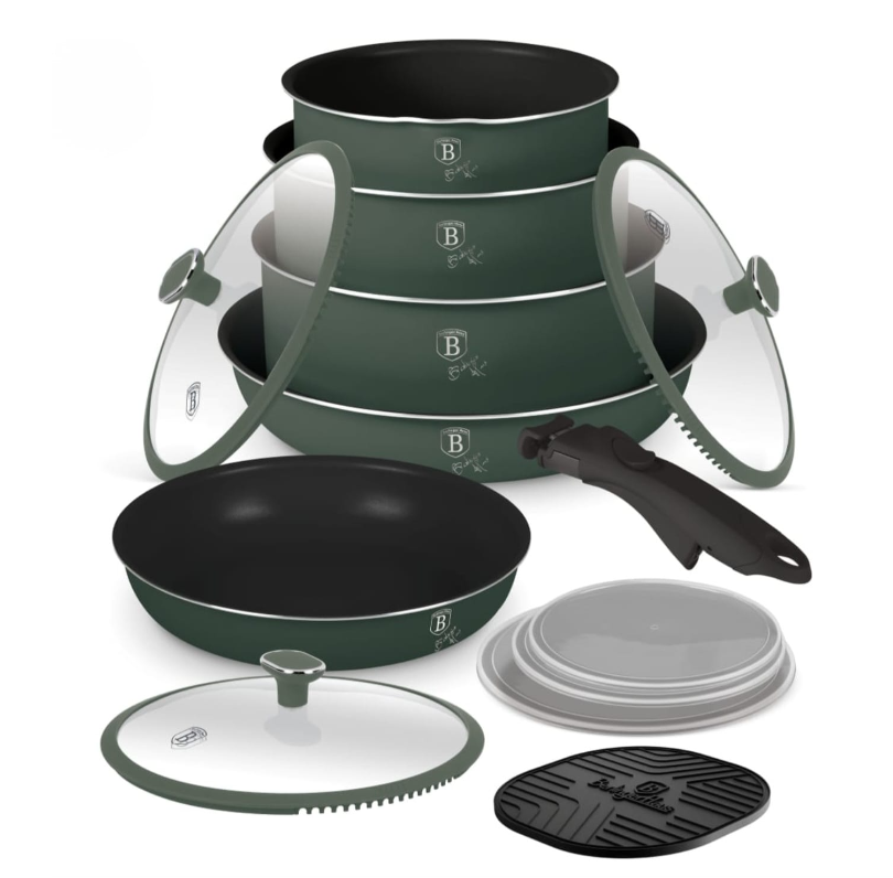 Green Non-Stick Cookware Set with Detachable Handle & Glass Lids