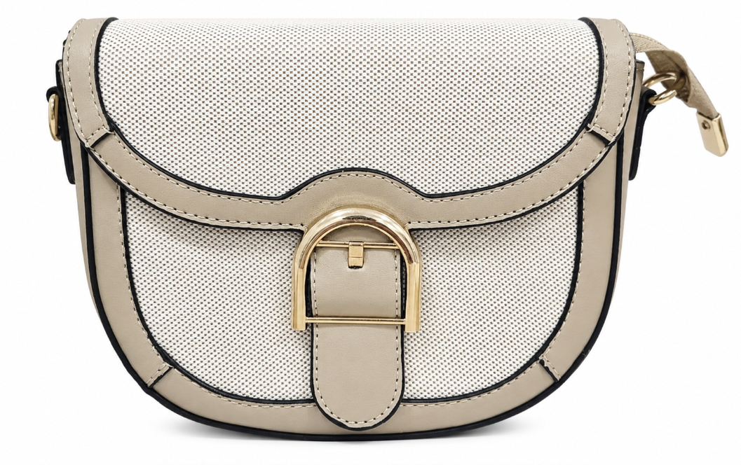 Elegant Beige Saddle Crossbody Bag with Gold Buckle