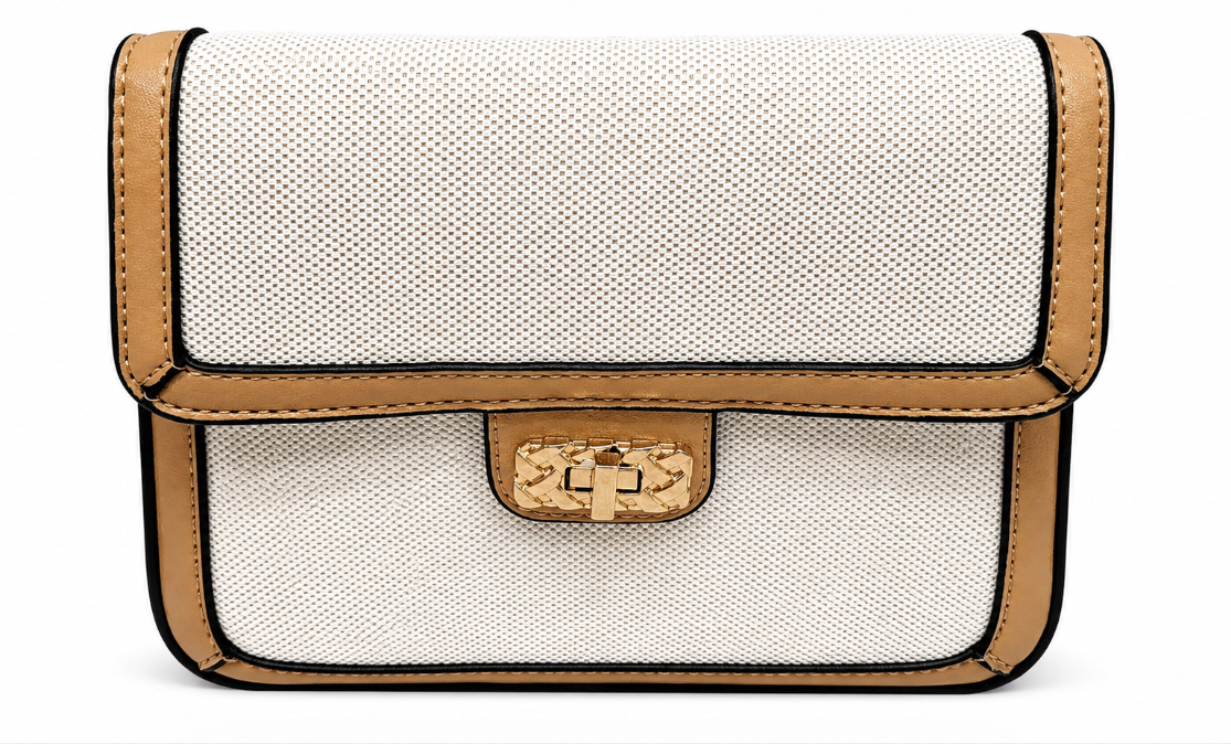 Elegant Cream & Tan Woven Crossbody Bag with Gold Clasp