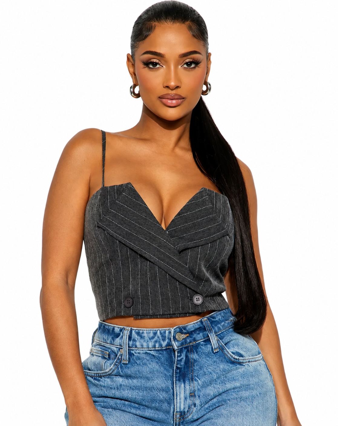 Pinstripe Lapel Bustier Crop Top - Charcoal (Size XS)