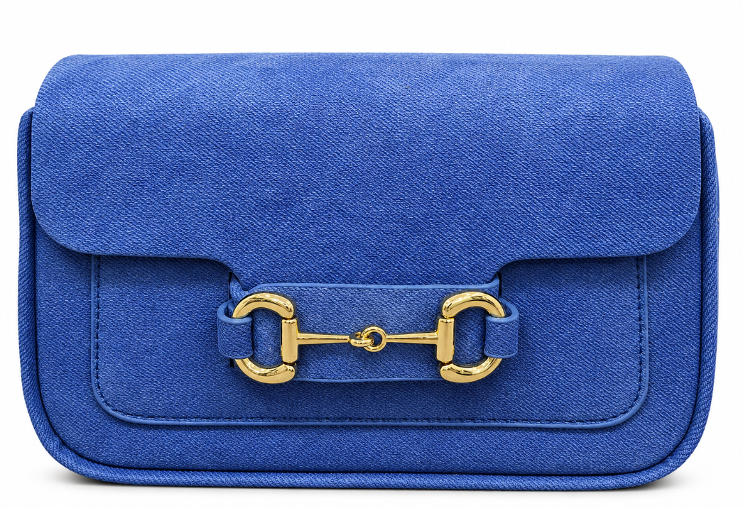 Blue Denim-Style Clutch Bag with Gold Hardware