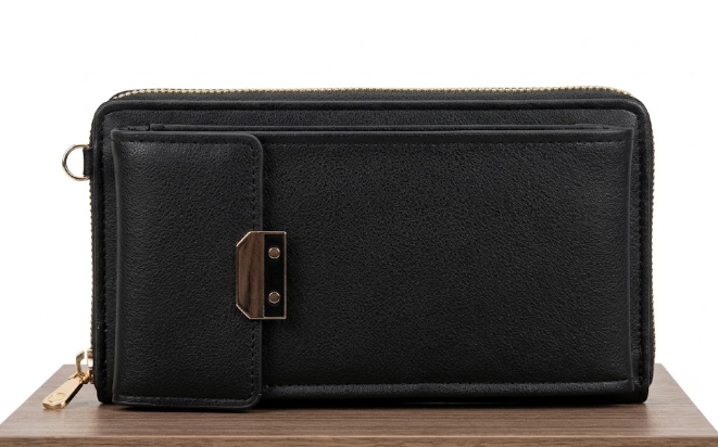 Multi-Function Black Travel Wallet with Front Flap Pocket & Gold Hardware